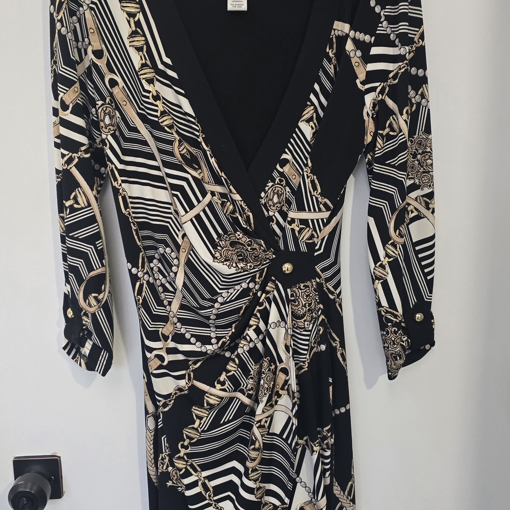 Cache' Black and Gold Chain And Pearl Faux Wrap Ruched Dress-Medium